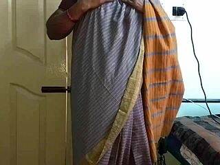 Horny desi wife vanitha in grey saree squeezes huge boobs rubs shaved pussy desperately