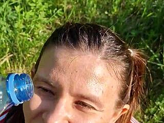 summer day slobbery blowjob fills her wet mouth with hot cum