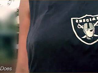 WIFEY FLASHES HUGE TITS ON THE BUSY STREET FOR EVERYONE!