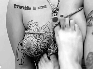 Blonde femdom chokes brunette's throat deepthroat gagging during barefoot toe licking bondage game