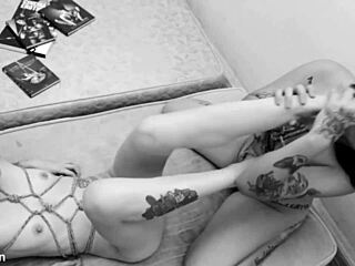 Blonde femdom chokes brunette's throat deepthroat gagging during barefoot toe licking bondage game