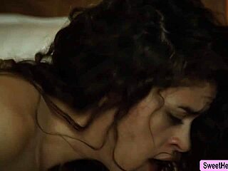 brunette lesbian couple worships each other's big tits and pussies with facesitting on the bed