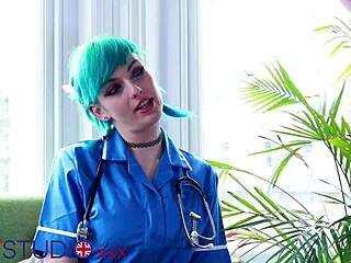blue haired nurse in lingerie strokes your cock during hospital visit