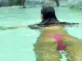 😍 hot monika fox rocks pink bikini pool swim and sexy walk!