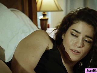 brunette lesbian couple worships each other's big tits and pussies with facesitting on the bed