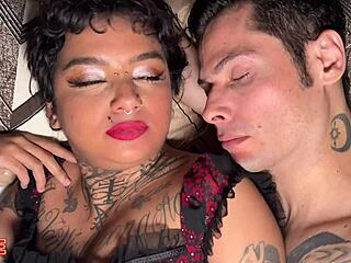 Skinny brunette teen fucks boyfriend and his buddy in hot threesome