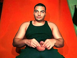 chinese bodybuilder rubs guitar on monster cock solo tease