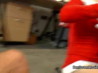 blonde and brunette get festive bent over in heels and stockings at ben dovers