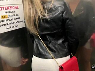 Risky! Blonde slut deepthroats cock in car and swallows cum