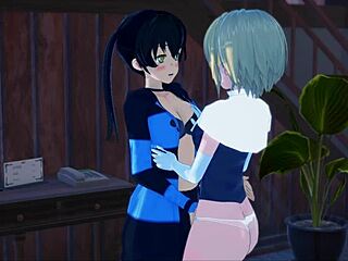 Tamaki Kotatsu con strap-on folla a Iris hasta orgasmo en sofá