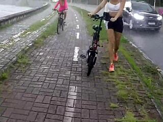hey check out these two babes biking no panties in the rain barbara alves shows off her hot legs and big tits
