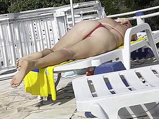 Milf Spots Jerking by Public Pool and Helps with Big Natural Tits Handjob Cumshot