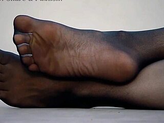her nylon pantyhose feet tease in casual close-up view