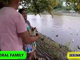 Duck feeding leads to Serina sucking Dean's cock and swallowing cream