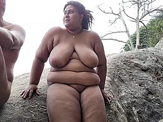 fat bbw housewife flashes huge tits and ass on nudist beach, everyone stares as she spreads big pussy wide