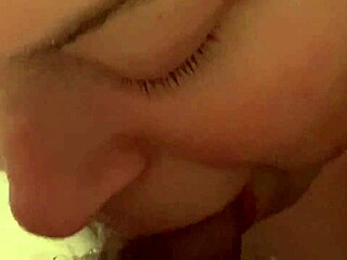 Wife kneels sucking my cock deep until hot cum blasts all over her face