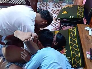 village boys sneak peeks at bikini teen's curves before their steamy 3some unfolds