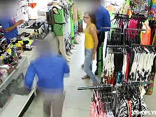 asian shoplifter kneels for cock before cowgirl creampie in store