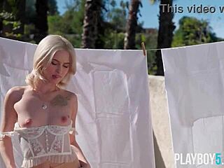 Tiny blonde teen Kiara Cole strips panties naked outdoors