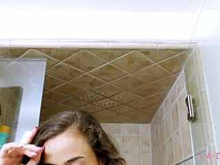 adorable petite teen brunette showers then gets daddy massage interview on sofa