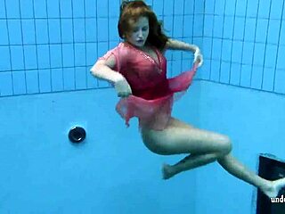 Oh man big tits silvie swims underwater showing off that hairy russian beaver poolside