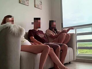 Blonde friend and brunette stepsis share my monster cock in mff threesome at home