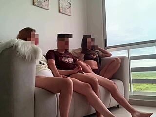 Blonde friend and brunette stepsis share my monster cock in mff threesome at home