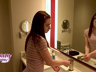 Stepdad fills 18yo stepdaughter Reese Robbins' shaved pussy with creampie after doggystyle.