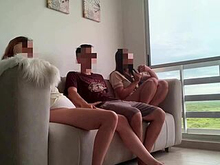 Blonde friend and brunette stepsis share my monster cock in mff threesome at home