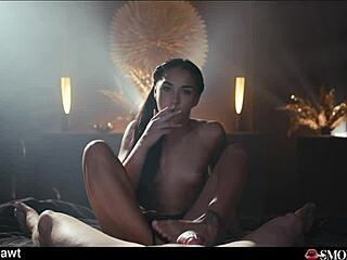 slutty brunette latina smokes while riding cowgirl then facial cumshot handjob