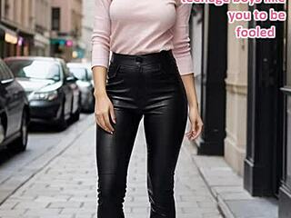 Gros nichons blonde cougar en cuir suce l'étudiant 18+ facial dehors