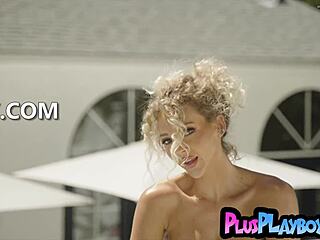 Blonde beauty hikes up skirt to flash her huge ass cheeks during steamy outdoor playboy photoshoot session