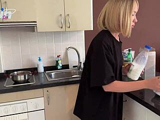 blonde teen babe skips breakfast milk for mouthful sperm cumshot deepthroat kitchen homemade big pussy lips
