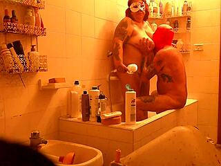chubby girlfriend's huge tits bounce in shower fuck with friend