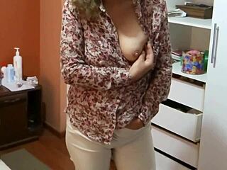 Stepmom's gaze locks as she gropes herself watching my secret stroke