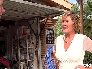 granny spots horny stud in garage seduces him with her mature pussy lick