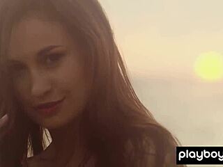 Adorable Petite Brunette Demi Fray Strips Naked Posing Skinny Tits on Rocks Outdoor