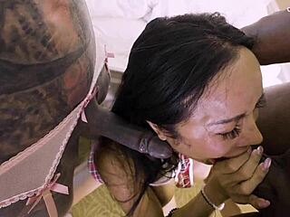 gaping tattooed tranny takes big cock with busty shemale in threesome