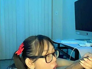 Nerdy Asian's Sloppy Handjob Blowjob Ends in Huge Facial Cumshot!