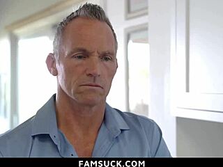 Stepdaughter bent on kitchen counter and ready to be fucked by stepdad