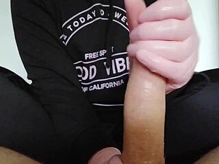 European stepdaughter enjoys wearing pink gloves to help dad relax