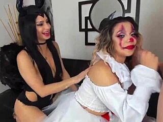 Lesbian sisters enjoy Halloween party with cock sucking