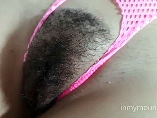 having a good cheesy with her big and hairy pussy in one piece swimsuit