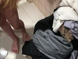 45 year old MILF gets her mouth chewed out by her 15 year old boyfriend in the mall fitting room before a group finish with a cumshot