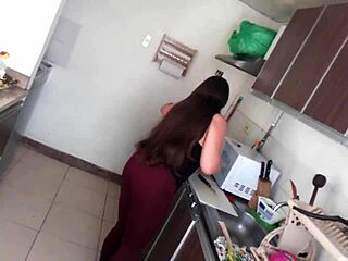 My Colombian stepmom has massive natural tits while cooking in the kitchen in New York, USA