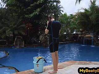 Latina MILF with big ass and boobs gets missionary position from pool guy