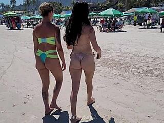 Two guys on the beach take on the Brazilian babe