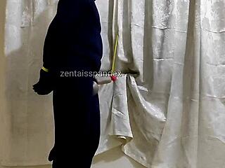 Human penis in zentai bondage with femdom