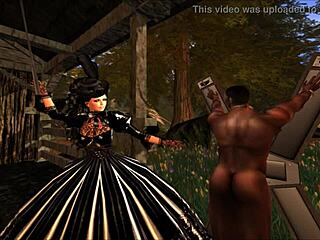 Historical BDSM scene featuring Lady Aranea in latex, with explicit cunnilingus and spanking