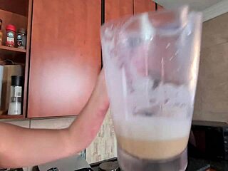 Slender girl feeds into a juicy smoothie and throat fucks a banana